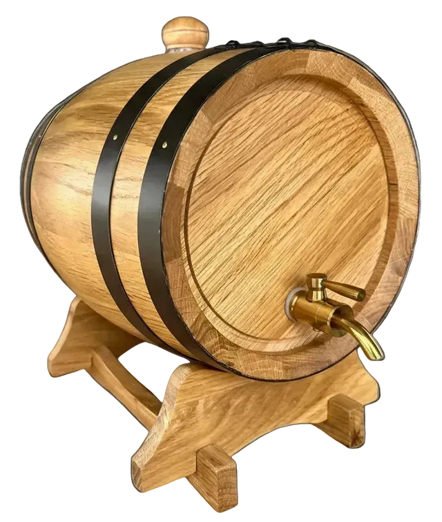 Wooden barrel with a gold spigot on a black background
