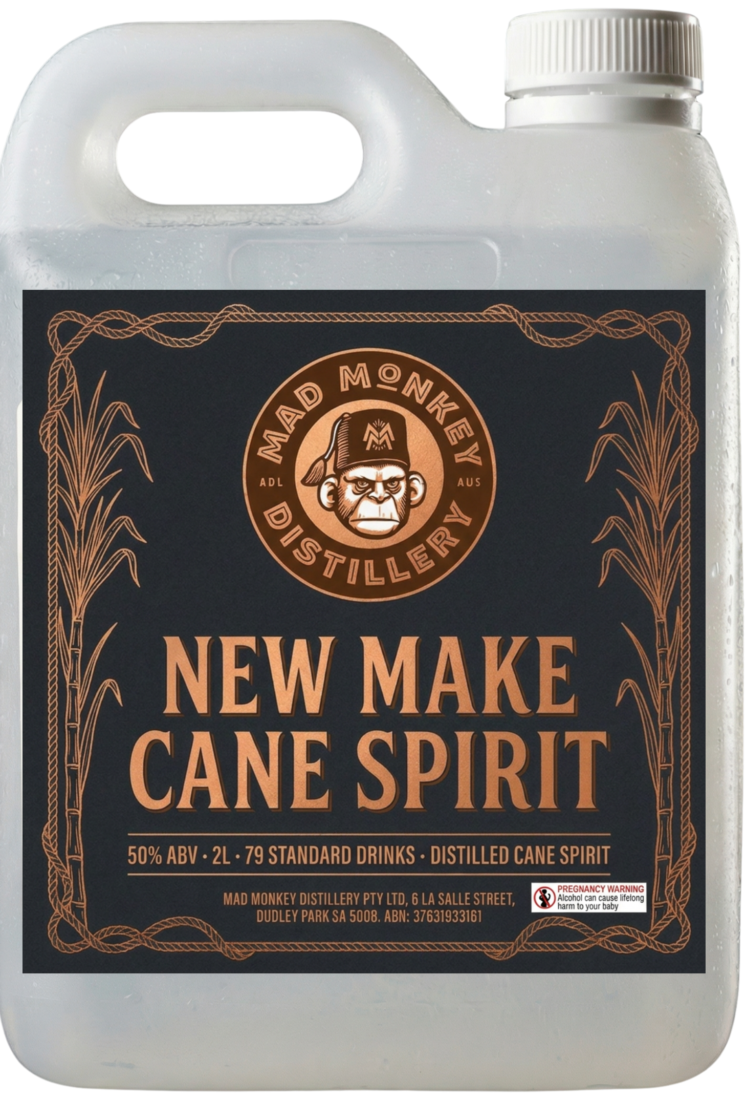 New-Make Cane Spirit 2L @ 50% ABV (Mad Monkey Distillery)