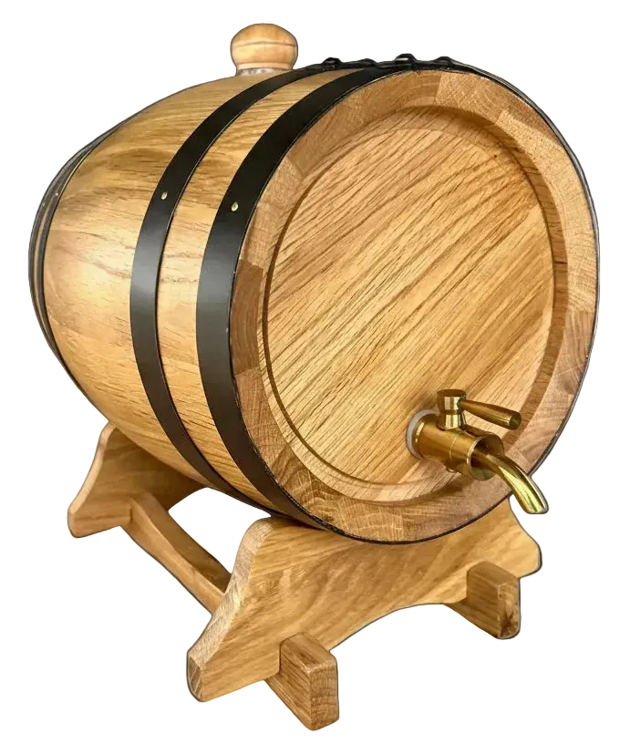 Wooden barrel with a gold spigot on a black background