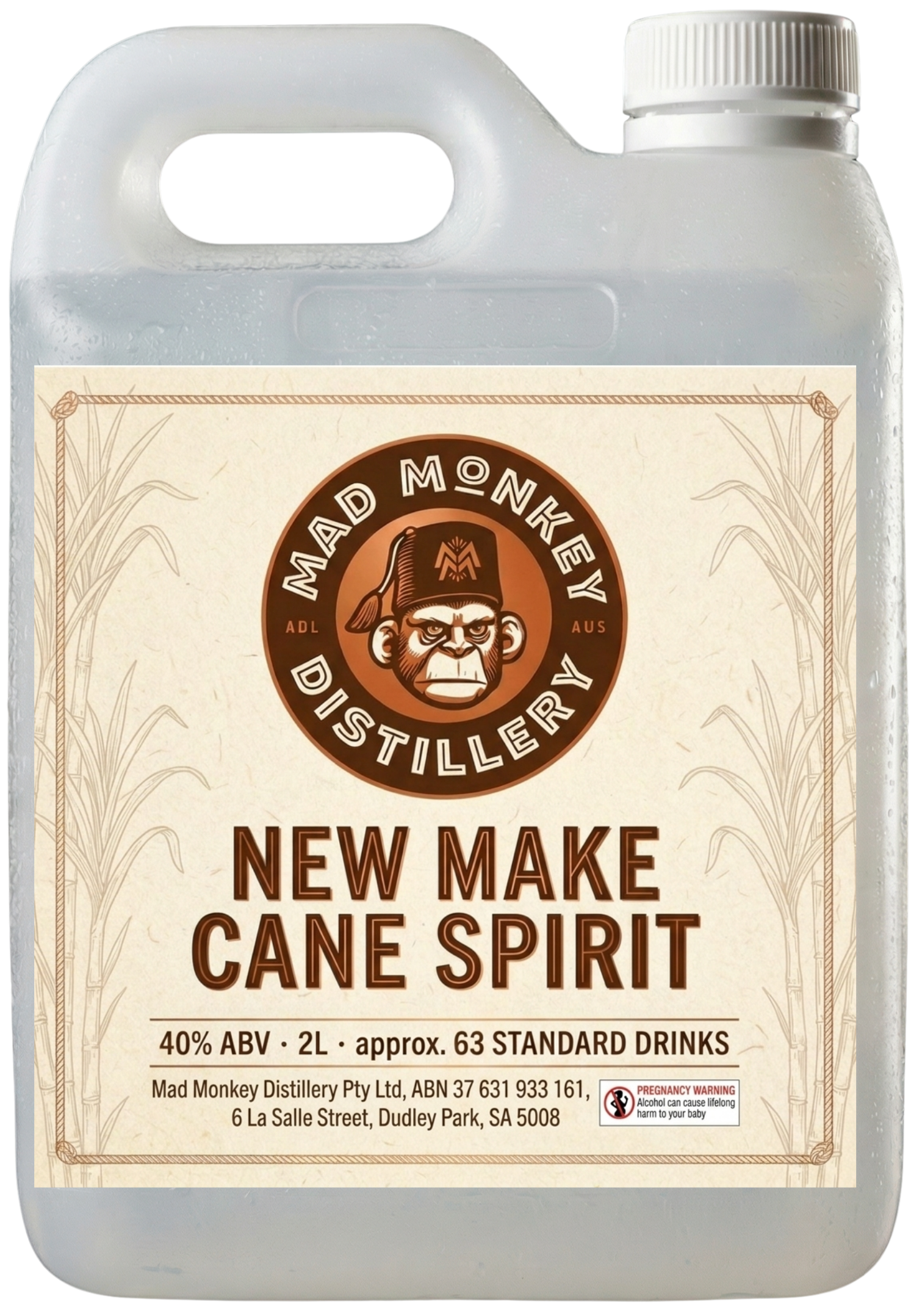 New-Make Cane Spirit 2L @ 40% ABV (Mad Monkey Distillery)